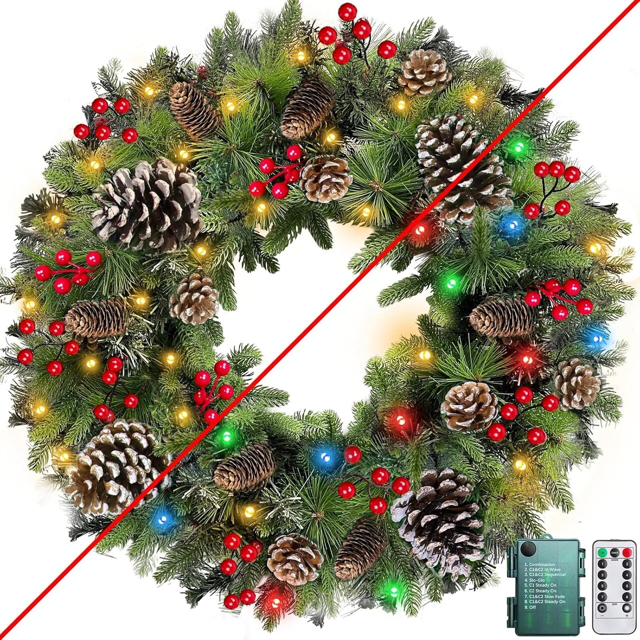 26 Inch Super Large Thick Prelit Christmas Wreath (	Warm White and Colorful Lights) 6"D x 26"W x 26"H